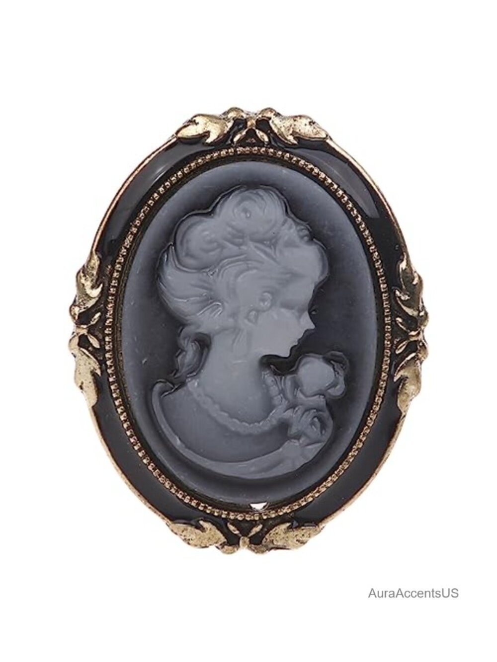 Victorian Cameo Brooch Pin Black Enamel Bronze Alloy Vintage